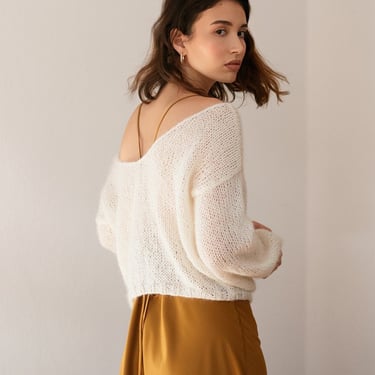 Knit Mohair Sweater, Delicate Deep V Neck Pullover, Loose Oversize Fit, Slouchy Balloon Sleeves, Luxurious Super Soft Kid Mohair 