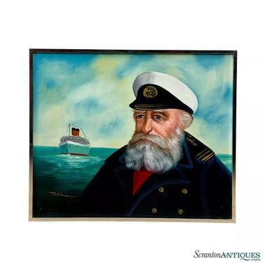 Vintage Nautical Weathered Sea Captain Oil on Canvas Painting - 24x20