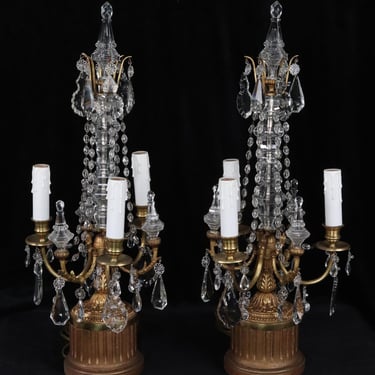 Pair of Louis XVI Crystal 3 Arm Electric Candelabra Lamps