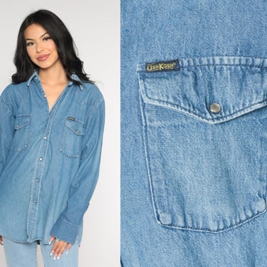 90s Denim Shirt Osh Kosh Pearl Snap Blue Jean Button Up Top Retro Long Sleeve Plain Basic Streetwear Boyfriend Vintage 1990s Mens Medium M 