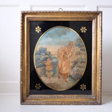 18th Century Shepherdess Silk Embroidery Georgian Era Églomisé Frame 