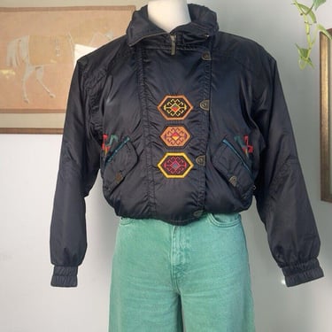Vintage 80s Embroidered Bomber Jacket, Black Nylon Windbreaker Sky Jacket | Retro bomber jacket | Vintage 80's oversized Jacket 