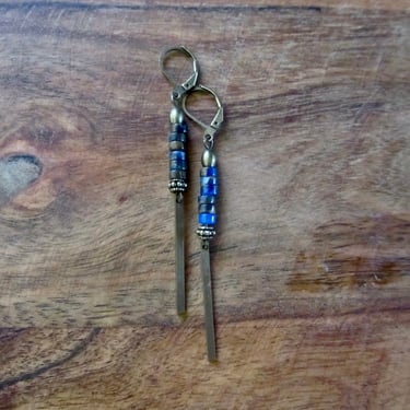 Minimalist blue jasper earrings, bronze 