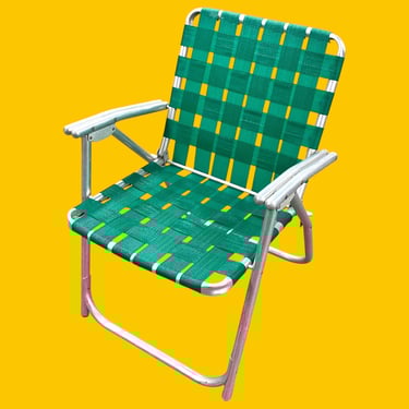 Vintage Lawn Chair Retro 1960s Mid Century Modern + Silver Aluminum Frame + Green Webbing + Folds Up + Camping + Outdoor or Patio Seating 