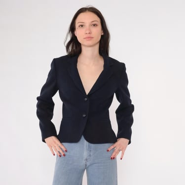 Navy Blue Wool Blazer Jacket 80s Button Up Tailored Vintage 1980s Collared Plain Basic Office Jacket Vintage Professor Retro Small S 