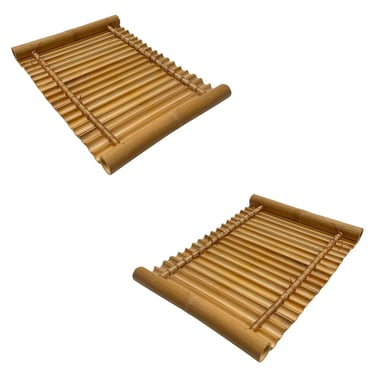 Mid Century Tropical Split Bamboo Serving Tray, Pair 
