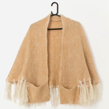 Vintage pale yellow knitted mohair cape with fringe detail - Free size 