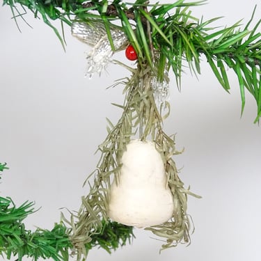 Antique 1940's German Spun Cotton Bell Ornament, with Greenery & Bow,  Vintage Christmas Holiday Decor 