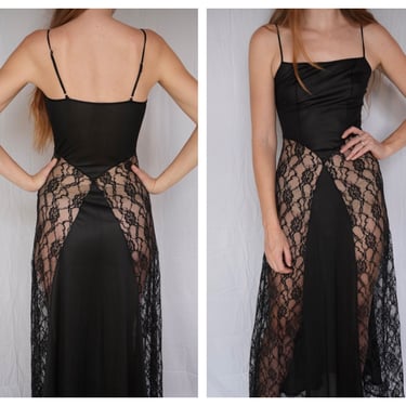 1980s Lace Slip Dress / Sexy Cut Outs Nightie / Black Lace Lingerie / Wedding Night / Sexy Bridal Wear 