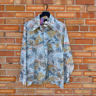 vintage 70s blue palace print disco shirt / l large 