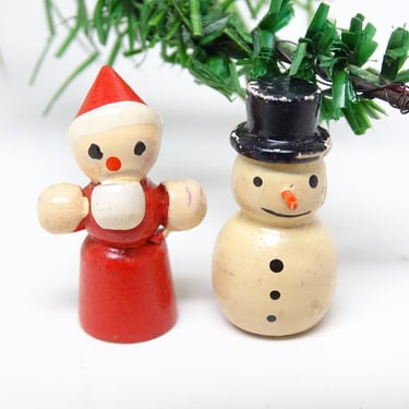 Vintage 1950's Tiny Wooden German Miniature Santa and Snowman, Hand Painted Wood MCM Christmas Putz Decor 