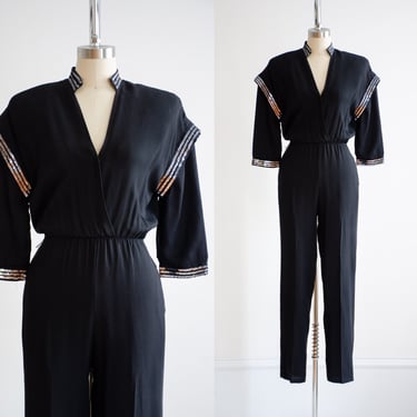 black jumpsuit 80s vintage silver sequin jumpsuit 