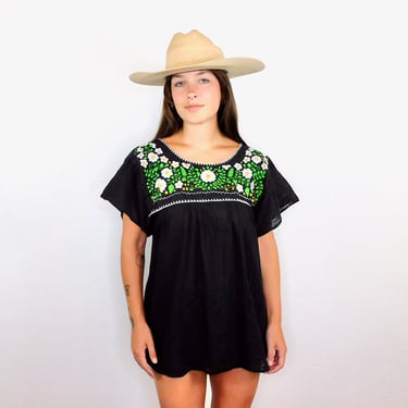 Hand Embroidered Daisy Gauze Blouse // vintage cotton boho hippie Mexican embroidered dress hippy yellow black floral // O/S 
