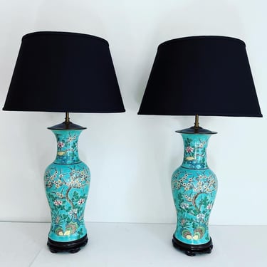 Midcentury Oversize Chinoiserie Vase Lamps & Shades - a Pair 