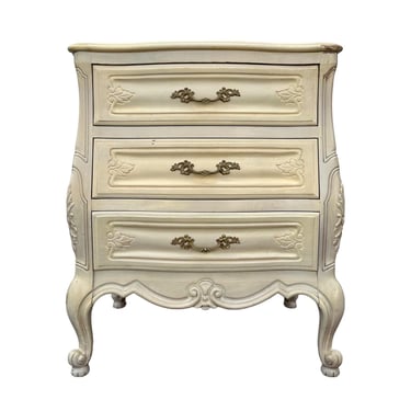 French Provincial Nightstand with 3 Drawers 28” Tall - Vintage Ivory White & Gold Brass Louis XV Carved Wood Country Shabby Chic End Table 