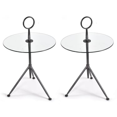 Pair of Modern Italian Gueridon Round Glass and Metal Drink Table Tripod Side Tables 