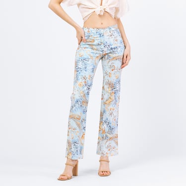 Vintage Y2K Boho Blue Paisley Floral Mid Rise Pants - Extra Small | 2000s Pastel Bootcut Trousers 