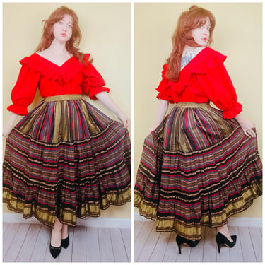 1990s Vintage Bila Gold and Rd Striped Broomstick Skirt / 90s Tiered Rayon Flared Mazi / Size Large 