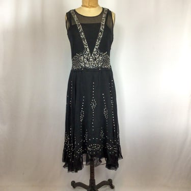 Vintage 20s Dress | Vintage black silk beaded dress | 1920's silk flapper dress 