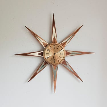 Vintage Mid Century Elgin Welby Starburst Clock - Wood / Brass accented starbursts, brass 