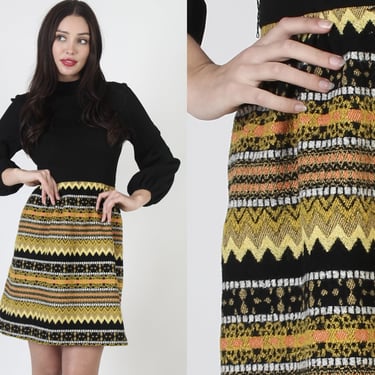 Vintage 70s Bright Floral Dress, Heavyweight Tapestry Style A Line Skirt, Full Bright FlowerPrint, Black Jersey Go Go Mini Dress 