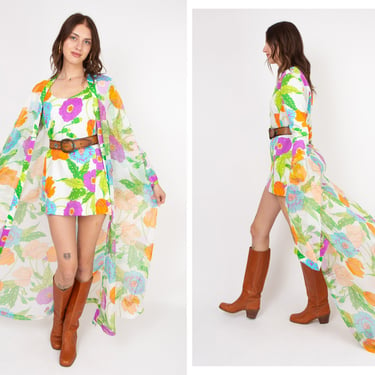 Vintage 1960s 60s Technicolor Psychedelic Floral Two Piece Mini Dress Sheer Robe Set// Bell Sleeves Lounge Wear 