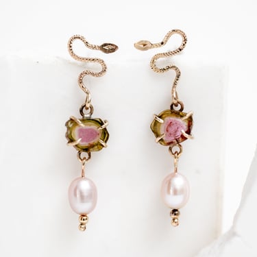 10k Gold, Tourmaline and Pearl Viper Earrings