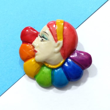 Cute Vintage 80s Rainbow Clown Plastic Brooch 