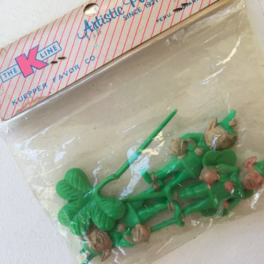 Vintage St. Patrick's Day Cupcake Toppers, Leprechaun And Clover Plastic Picks Still In Original Pack, The Kline, Kuepper Favor Co, Peru IN 