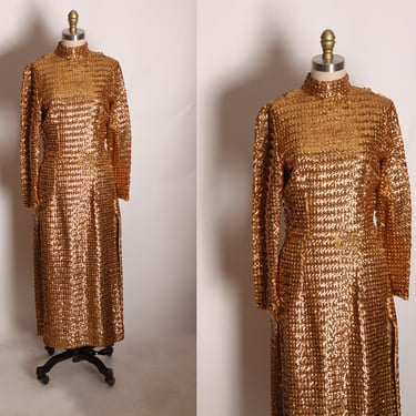 1960s Gold Metallic Sequin Bracelet Sleeve High Cut Side Slit Burlesque Showgirl Dress -M 