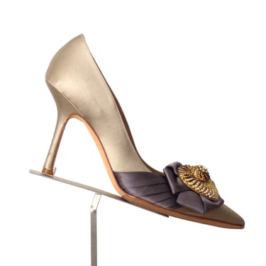 OSCAR DE LA RENTA-Silk & Rhinestone Evening Pumps, Size-39 1/2