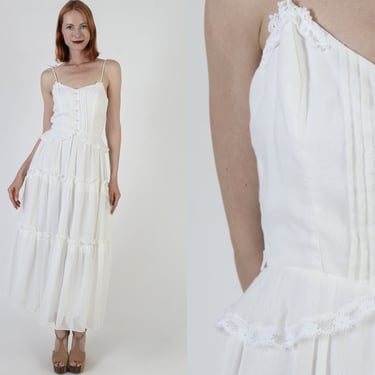 Plain White Peplum Summer Wedding Dress Vintage 70s Shoulder Tie Spaghetti Straps Bohemian Prairie Sundress Gown 