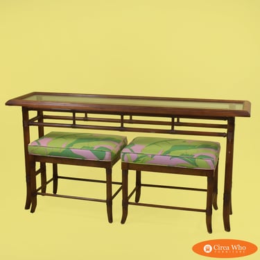 Faux Bamboo Console With Upholstered Stools