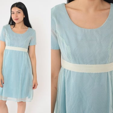 60s Swiss Dot Dress Baby Blue Babydoll Mini Polka Dot Dress 1960s Mod Empire Waist 70s Pastel Scoop Neck Party Formal Vintage Extra Small xs 