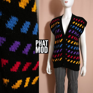 Fun Vintage 80s 90s Black Colorful Geometric Shapes Chunky Sweater Vest 