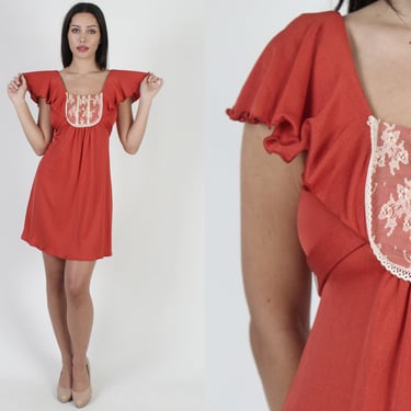 70s Bohemian Gyspy Dress / Silky Saffron Stretch Jersey / Floral Lace Chest / Attached Waist Sash Tie Mini 