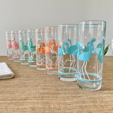 Vintage Flamingo Glasses - Set of 8 by Libbey (Pink, Peach, Green, Blue - 2 of Each) 