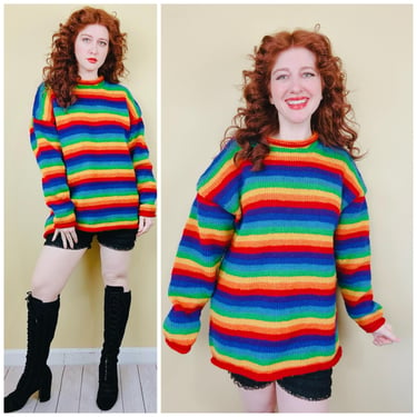 1990s Vintage Yeti Brand Wool Rainbow Striped Sweater / 90s Joyful Knit Long Sleeve Rolled Neck Jumper / Large 