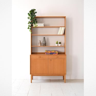 Vintage Oak Bookshelf with Adjustable Shelves and Enclosed Cabinet 