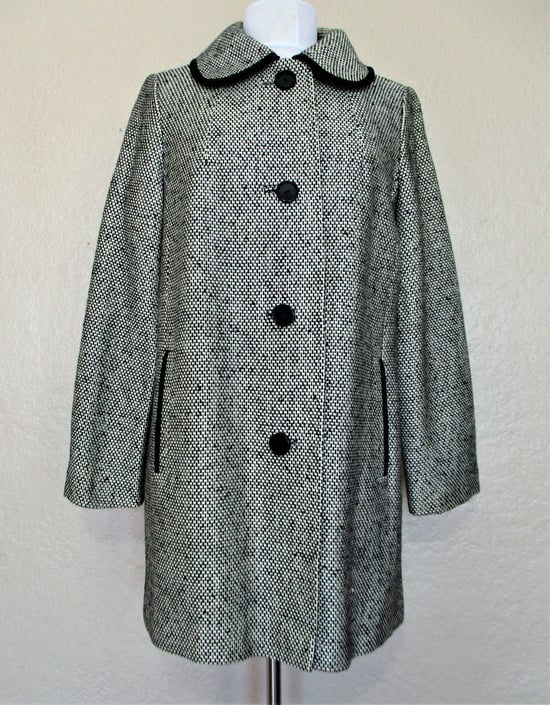 Vintage 1960s Silvertweed Tweed Coat, S Women, Black and White, Knee Length 