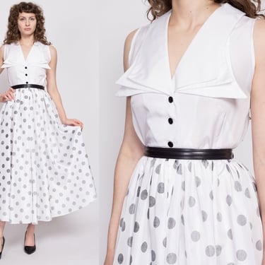 70s Polka Dot Hostess Maxi Dress Medium | Vintage Black & White Pointed Statement Collar Sleeveless Fit Flare Gown 