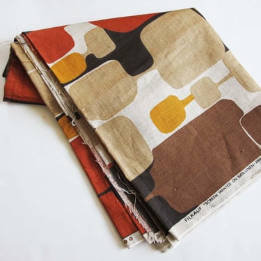 Vintage 60s Filkauf Linen Fabric 49 x 109 - 3 Yards- 1960s Mid Century Brown Orange Cream Retro Atomic Geometric Fabric Panel Upholstery 