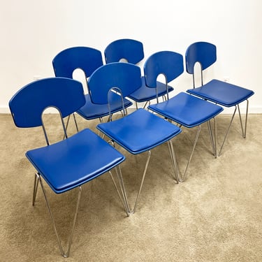 mid century Kusch Germany Walter Leeman Mikado 1800 wood stacking side chairs blue (6) post modern 