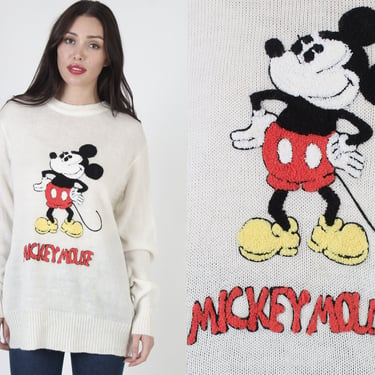 Mickey Mouse Embroidered Cream Sweater, Pull Over Disney Cartoon Jumper, Vintage 70s Acrylic Fuzy Disneyland Shirt XL 