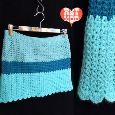 Mod Dream Vintage 70s Blue Stripe Crochet Micro Mini Skirt 