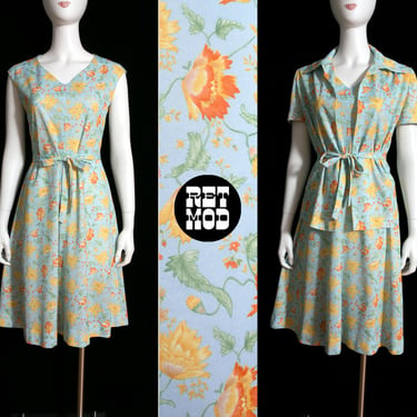 Pretty Vintage 70s Light Blue Orange Yellow Spring Floral Dress with Matching Top & Tie Set 