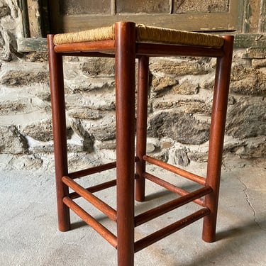 Mid century kitchen stool Danish modern stool Danish teak and rush bottom stool 