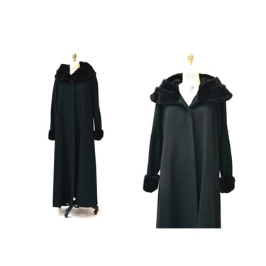 90s 00s Vintage Black Wool Cashmere Jacket Coat With Black Beaver Fur Collar Size Medium// Vintage Long Black Wool Coat Jacket Fur Collar 