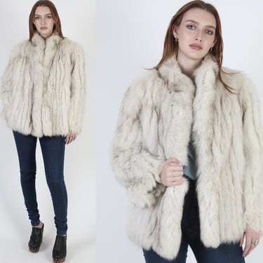 80s SAGA Arctic Blue Fox Coat, Natural Fur Shawl Collar, Vintage 1980's Womens Warm Corded Jacket Sz M L 