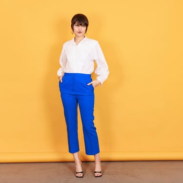 80s Royal Blue Textured Trousers Vintage Straight High Rise Trousers 